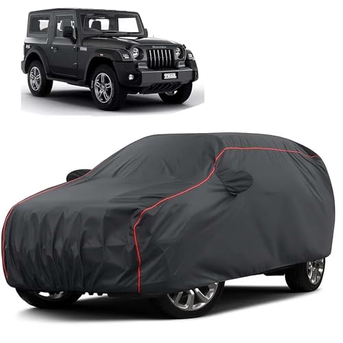 Image of Sulfar 100% Water Resistant Car Body Cover Compatible with Mirror for Mahindra Thar (Triple Stitched, Full Bottom Elastic, Dark Grey Taffeta with Red Piping)