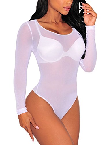 MAYFASEY Women Long Sleeves Stretch Mesh See Through Jumpsuit Bodysuit Leotard Club Party Bodycon Tops, White, XXL