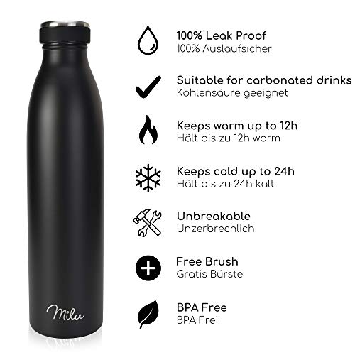 Milu Termo Botella de Agua 500ml, 750ml, 1l - Acero Inoxidable - Aislamiento de Vacío de Doble Pared - Libre BPA (Negro… - Imagen 3