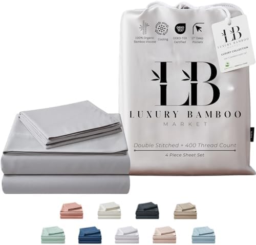 Luxury Bamboo Market | Queen Size Bed Sheet Set | 100% Viscose Made from Bamboo | Organically Grown | Ultra Soft | Cooling Sheets for Hot Sleepers | 17" Deep Pocket [Classic White] - Thumbnail 4