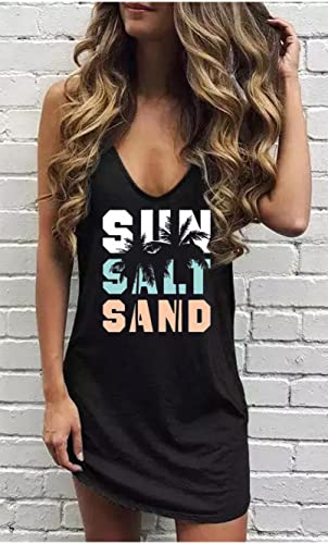 Image of Live Simple Coconut Tree Sleeveless Mini Dress Summer Beach Mini Dress Women's Summer Casual Sexy V Neck Mini Tank Dress