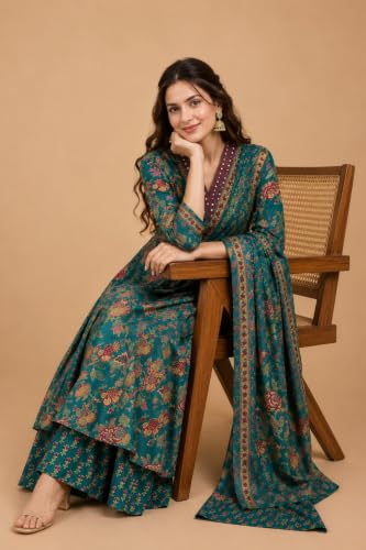 Image of Women's Rayon Printed Anarkali Kurta and Pant with Dupatta Set