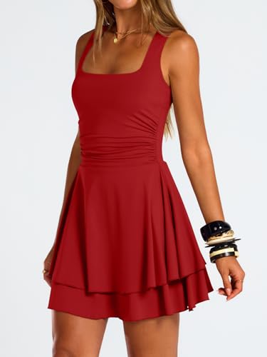 Image of Trendy Queen Women's Square Neck Summer Party Flowy Ruffle Hem Ruched Waist Mini Dress