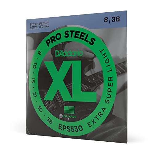 D'Addario Cuerdas para Guitarra - ProSteels Cuerdas para Guitarra Eléctrica - Round Wound - Brighter, Crunchier, Increased Sustain - EPS530 - Extra-Super Light, 8-38