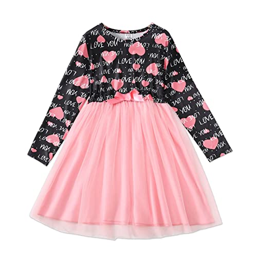 Patpat Kid Girl Dress Letter/Heart Print Bowknot Design Mesh Splice Casual Long-Sleeve Tutu Dress For Kids Pink 5-6 Years #TOP4