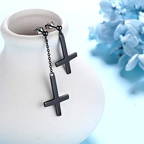 Mens Inverted Cross Earrings Asymmetric Upside Down Cross Dangle Earrings Black Gun Plated Over 925 Sterling Silver Earrings Gothic Cross Earrings For Men Cross Jewelry Gift For Christmas Day Fe0076K #TOP7