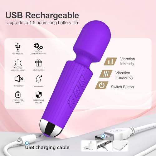 Image of Mini Cordless Massager - 8 Intensity Levels & 20 Quiet & Waterproof Vibration Modes, Handheld Wand Massage for Neck, Back, Shoulder, Muscle Pain Relief (Purple)