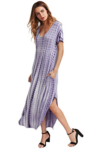 MakeMeChic Casual Maxi Short Sleeve Split Tie Dye Long Dress Purple Small