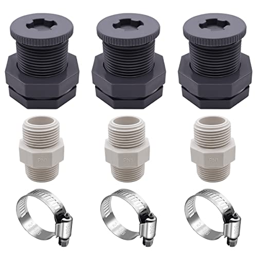 Dianrui 3PCS Dark Grey 3 4in PVC Water Tank Connector Adapter,PVC Bulkhead Fitting with 3PCS 3 4in Plugs&3 4 Pipe Connectors&Hose Clamps,Fit for Water Tanks,Rain Barrels,Aquariums K-H-007-2