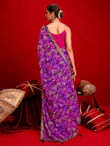 Image of SIRIL Women's Chiffon Printed Saree With Unstitched Blouse Piece