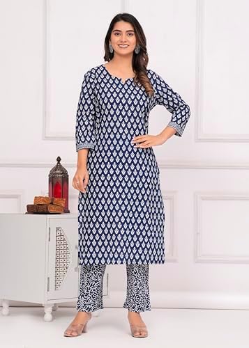 MEERA FAB Women's Cotton Printed Straight Kurta with Palazzo & Dupatta Set