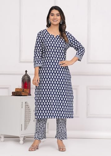 MEERA FAB Women's Cotton Printed Straight Kurta with Palazzo & Dupatta Set