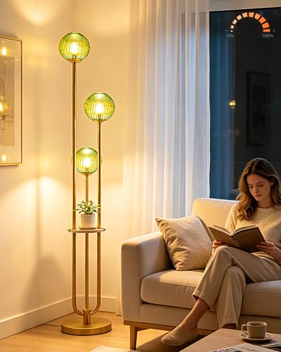 Image of Lightdot Green Glass Floor Lamp with Shelf 63IN Dimmable Mid Century Modern Gold Standing Lamps 3000K Bulbs Included Globe Floor Lamp with 5Lbs Heavy Base for Living Room /Wedding /Sofa Beside /Corner