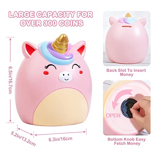 Piggy Bank Girls Unicorn Piggy Banks Cute Unbreakable Resin Coin Money Bank with Stickers Bracelet Set for Kids Toddlers, Pink