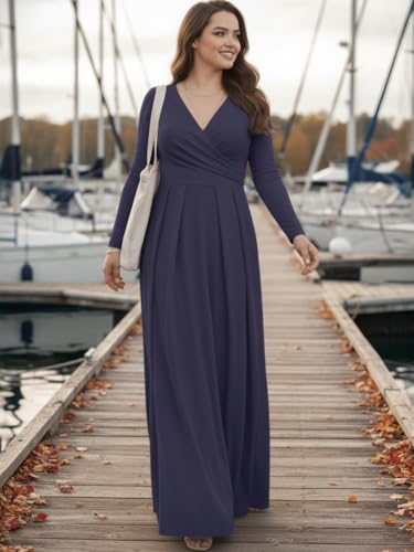 Image of KOH KOH Womens Long Sleeve V-Neck Flowy Modest Elegant Evening Maxi Dress