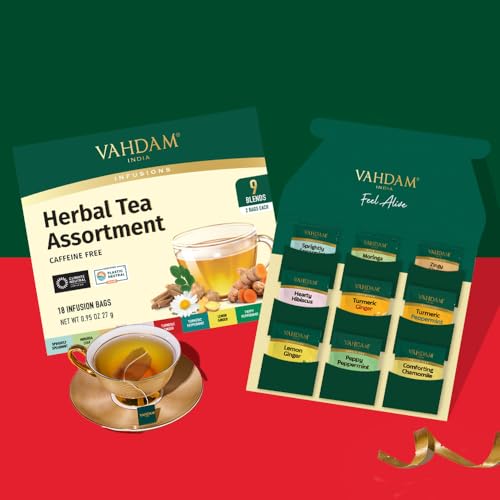 image for VAHDAM, Assorted Herbal Tea Gift Set (18 Tea Bags, 9 Flavors) Caffeine