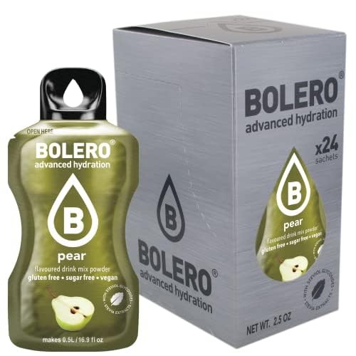 Bolero PEAR 24x3g | Jus en poudre sans sucre, édulcoré à la stévia + vitamine C | pour enfants et sportifs | sans gluten, végétalien | saveur de poire