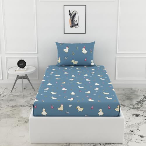 Image of LORETO - A QUALITY LINEN BRAND 144 TC 100% Pure Cotton Single Fitted Bedsheet with 1 Pillow Cover for 72 x 36 Inch Mattress, All-Around Elastic, 8 Inch Deep Pocket, Pastel Blue Duck Party
