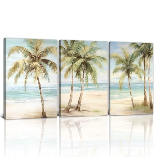 Palm Tree Wall Art Tropical Tree Canvas Prints Abstract Coastal Seascape Painting Tropical Beach...
