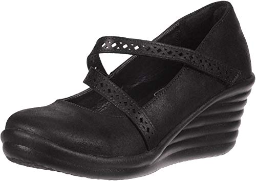 Skechers Women's Rumbler Wave-Filigree-Laser-Cut Strap Mary Jane Wedge Pump, Black, 8 M US