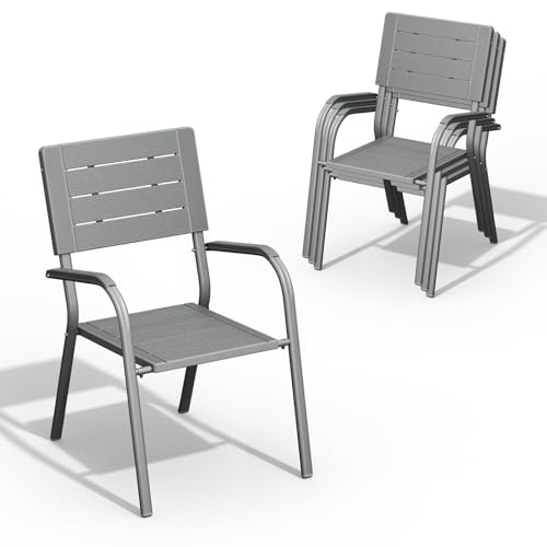 Image of VINGLI Outdoor Patio Dining Chairs, Stackable HDPE All-Weather Arm Chairs, Weatherproof Outdoor Seating for Garden, Backyard, Poolside, Balcony,Grey (4 Pack)