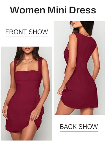 Image of Women's Sexy Ruched Mesh Midi Short Dresses for Women Square Neck Fitted Elegant Club Party Cocktail Dress