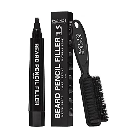Pacinos Beard Pencil Filler - Water Proof, Long Lasting Coverage & Natural Finish - Beard, Moustache & Eyebrows - Micro-Fork Tip for Seamless Application - Includes Bristle Brush for Blending (Black) Cover