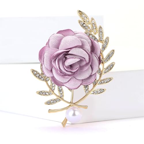 Image of Rose Brooch for Women,Dainty Satin Fabric Flower Lapel Pins Vintage Elegant Pearl Brooches Handmade Crystal Pearl Pins Silk Camellia Safety Collar Pin Dress Suit Accessories Wedding Bridal Bouquet Jewelry