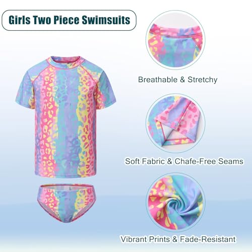 Image of Girls Two Piece Swimsuits Short Sleeve Rash Guard Swim Shirt Bikini Bottom Swim Set Bathing Swim Set Swimwear 3-16 Years