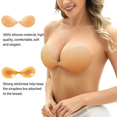 Brabic Adhesive Bra Strapless Invisible Silicone Push Up Sticky Bra For Backless Dress 2 Pack (Small, Coco) #TOP2