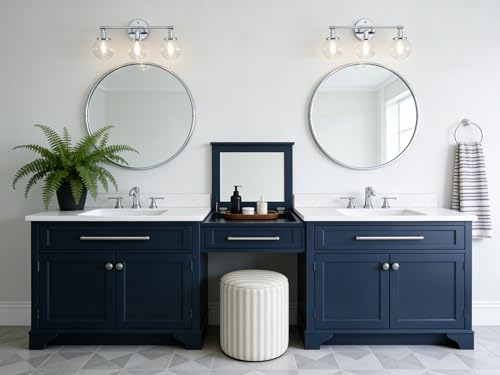 Image of Phansthy 3-Light Wall Sconces Antique Brass Vanity Light, Industrial Wall Lamps with On Off Switch and Clear Glass Lampshade, Vintage Wall Lighting for Bathroom Living Room (Chrome, Globe Shade)