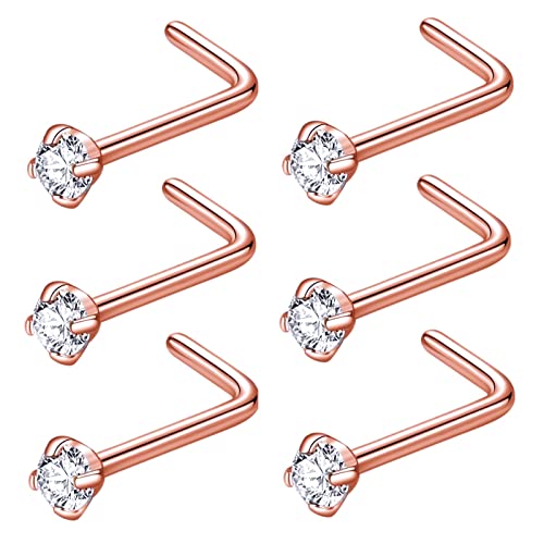 BLESSMYLOVE 6pcs 22g 2.0mm Clear CZ 316L Surgical Steel Rose Gold Nose Rings Studs L-Shape Nose Nostrial Piercing Body Jewerly L Shaped Nose Studs for Women 22 gauge 2.0mm Cubic Zirconia Stainless Steel Nose Rings