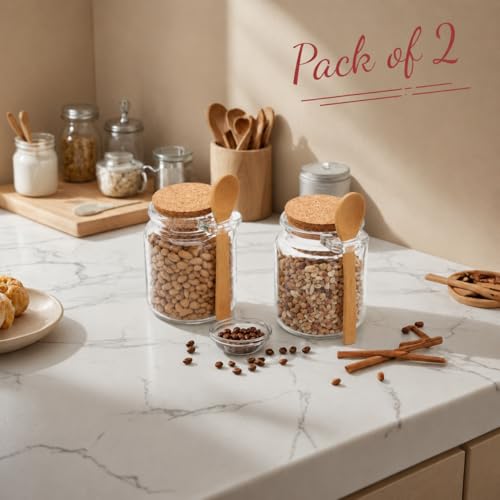 Image of STORE 2508 Pack of 2 Airtight Glass Container Seasonal Spice Container Jars with Lid & Wooden Spoon Canister Kitchen Condiment Food Storage Jar for Storing Salt Pepper Chilli Flakes
