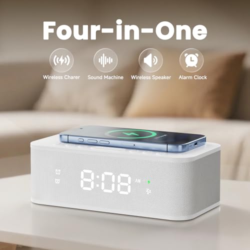 Image of Digital Alarm Clock White Noise, Loud Digital Alarm Clocks Bedrooms, Alarm Clock Speaker Wireless Charger AUX USB Bluetooth Speaker 12 /24H Dual Alarm Snooze Adjustable Brightness, White
