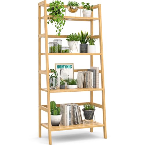 Homykic Ladder Shelf, 4-Tier Bamboo Ladder Bookshelf...