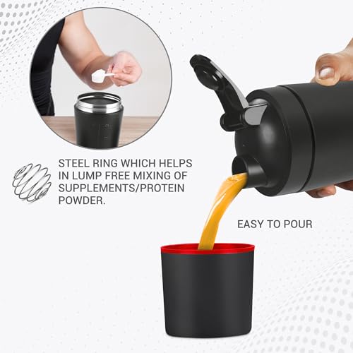 Image of MILTON Pro Mix Ultra Shaker with Blending Ball, Black, Shakers for Protein Shake with detachable Storage Compartment, Leakproof, Fitness Freak, Gym Bottle for Men and Women BPA-Free (591ml + 200ml)