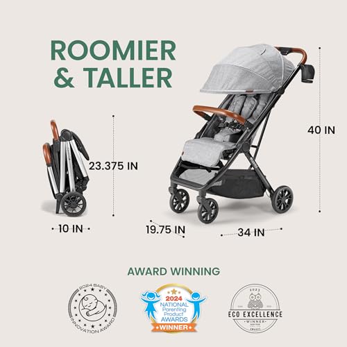 Image of Bombi Bēbee V2 Lightweight Baby Stroller - Premium Vegan Leather, One-Hand Fold, Infinite Recline, Aircraft-Grade Aluminum Frame, XXL Canopy, and Ample Storage Umbrella Stroller - Stone Gray