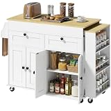 HOMCOM Isla Central Cocina con Bandeja Extensible, Postre de Cocina con Ruedas con 2 Cajones, 4 Puertas, Toallero y Portaespecias, Estilo Rústico, 127,2-189,2 x 50 x 87,8 cm, Blanco