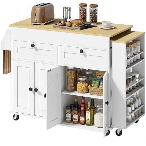 HOMCOM Îlot Central Cuisine avec Plateau Extensible, Desserte de Cuisine sur roulettes avec 2 Tiroirs, 4 Portes, Porte-Serviettes et Porte-Épices, Style Rustique,127,2-189,2 x 50 x 87,8 cm, Blanc