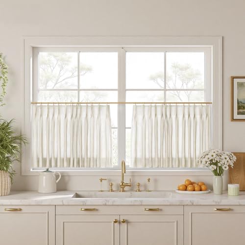 Image of TWOPAGES Pinch Pleat Cafe Curtains 24 Inch Long Ticking Stripe Light Filtering Farmhouse Half Window Curtains for Kitchen (Khaki Pinstripe, 26W x 24L Inches, Set of 2)