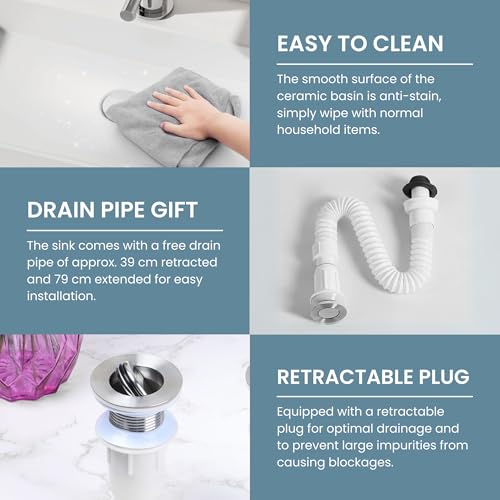 Lavabo de Cerámica, Lavamanos Blanco de Aseo Anti-manchas, Lavabo sobre encimera para Baño, Fácil de Limpiar y con Conexiones Estándar. Ideal para Cocina o Baño. (50x40x14 CM) - imagen 5