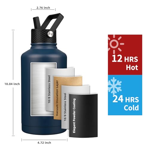 Image of Insulated Water Bottle 64oz,Triple Wall Vacuum Stainless Steel(Dishwasher Safe),Leak Proof & Non-BPA,Flask Jug with Paracord Handle & Straw Spout Lids Sports Navy Blue