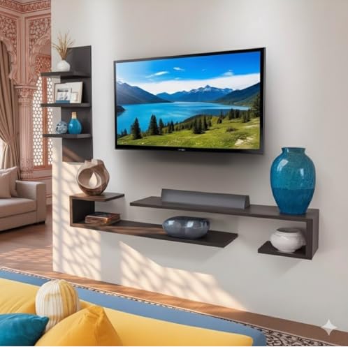 Image of O Style TV Cabinet Floating Shelves for Living Room, Bedroom, Dark Wenge, Suitable for 24 to 42 Inches Smart TV
