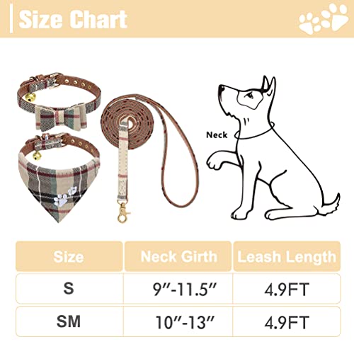 EXPAWLORER Dog Collar and Lead Set, Classic Plaid Bow Tie and Embroidery Pawprint Bandana Dog Collar with Bell - Image 2
