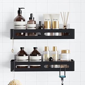 Sakugi Shower Caddy 2 Packs – Extra-Large Shower Organizer, Waterproof & Rustproof Bathroom Shower Shelves, Wall Mounted Shower Shelf, No Drilling Adhesive Shower Caddy with 4 Removable Hooks, Black
