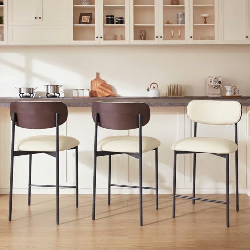 Image of GrandNoor Modern Bar Stools Set of 3, 24 Inch Upholstered Beige Faux Leather Counter Height Stools with Curved Backrest & Metal Legs, Wood Grain Back Bar Chairs for Kitchen Island
