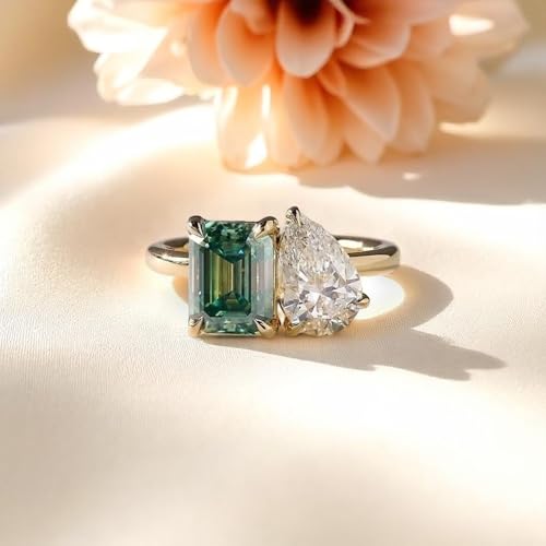 Toi Et Moi Ring for Women | 2 Stone Engagement Ring with Emerald-Cut Green & Pear-Shaped White Simulated Diamond | 2.5 Carat Gemstone | 18K Gold Plated Promise Ring | Unique Statement Jewelry Gift2