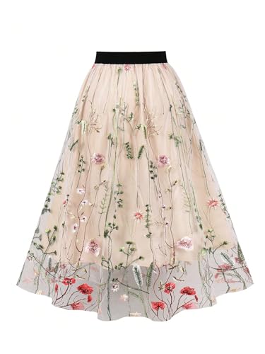 Verdusa Women's Boho Floral Embroidery Mesh Skirt A Line Flowy Midi Skirts2