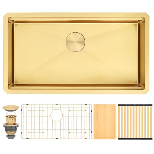 Image of Gold Undermount Kitchen Sink 32 Inch, 16 Guage Stainless Steel Workstation Sinks with Ledge & Accessories, 32 inch x 18 inch x 6 inch Single Bowl ADA-Compliant Large Sink, 6 Inch Depth Gold ADA Sink
