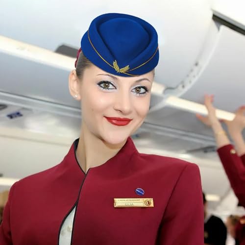 Disfraz de azafata para mujer con sombrero elegante y bufanda de satén azul 3